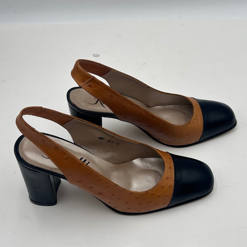 Renetti Amy Slingback Heels Ostrich Embossed Leather Black Toe Block Heel 6.5M - Picture 2 of 13